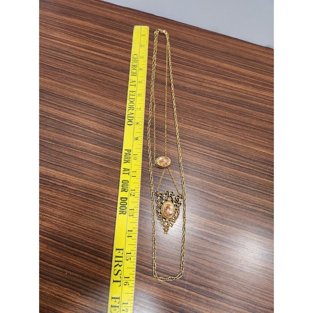 Renaissance Revival Couple Bolo Tie Gold Tone Pearl Double Strand‎ Necklace Rare